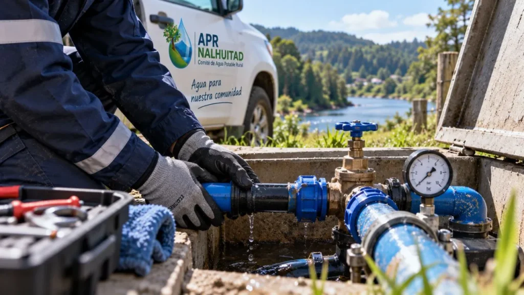 Inspección de una posible fuga en una red de agua rural.